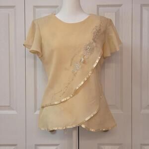 Vintage Ruffle Rhinestone Floral Fairy Top Yellow Shoulder Pad Rayon Blouse Sz M